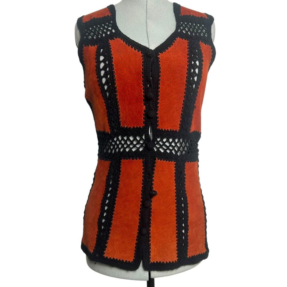 Vintage‎ 1970s Black & Orange Knit & Suede Leather Patchwork Vest Size M